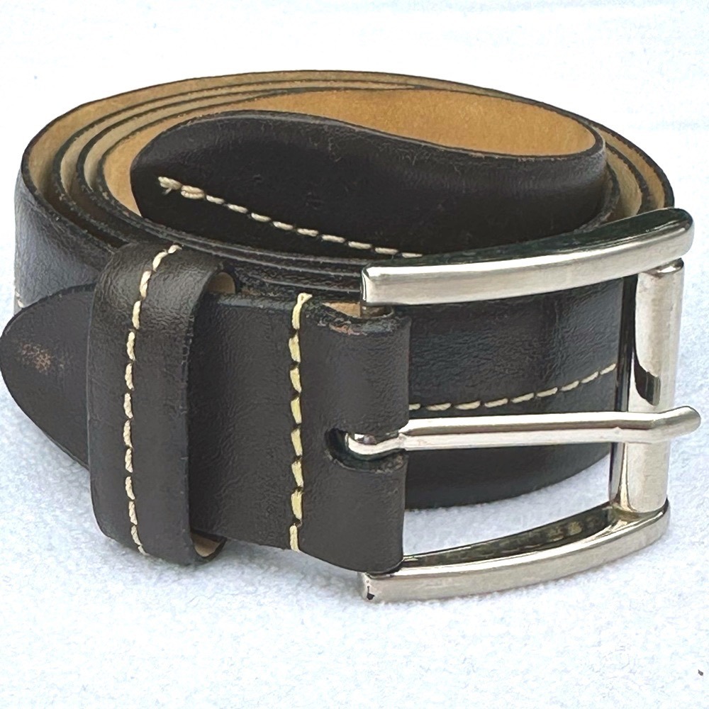 Via Veneto Leather Belt Mens 36 Brown Contrast Stitch Toscana Buckle 9842